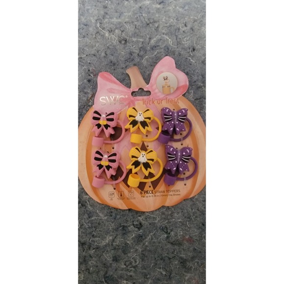 Halloween Orange Pumkin Bow 6 piece Straw toppers - Picture 1 of 4